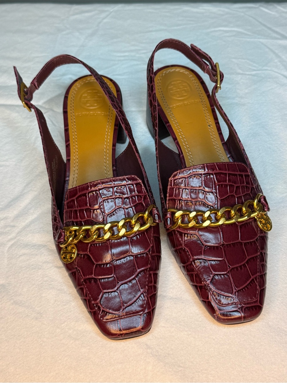 Tory Burch Claret Mini Benton Charm Burgundy Slingback Mules Gold Chain